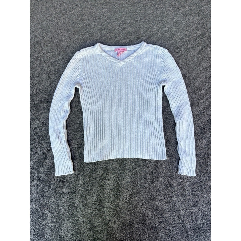 Copper‎ Key Sweater Women's Girls 10/12 White 100% Cotton Ribbed Knit V-Neck